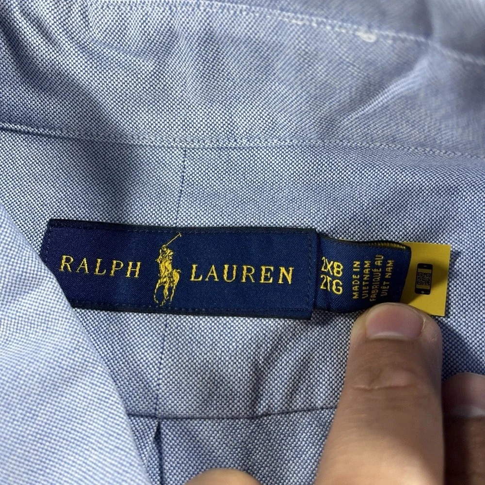 Ralph Lauren Slim‎ Fit Stretch Oxford Shirt Men 2XL Blue Long Sleeve Flesh Pony